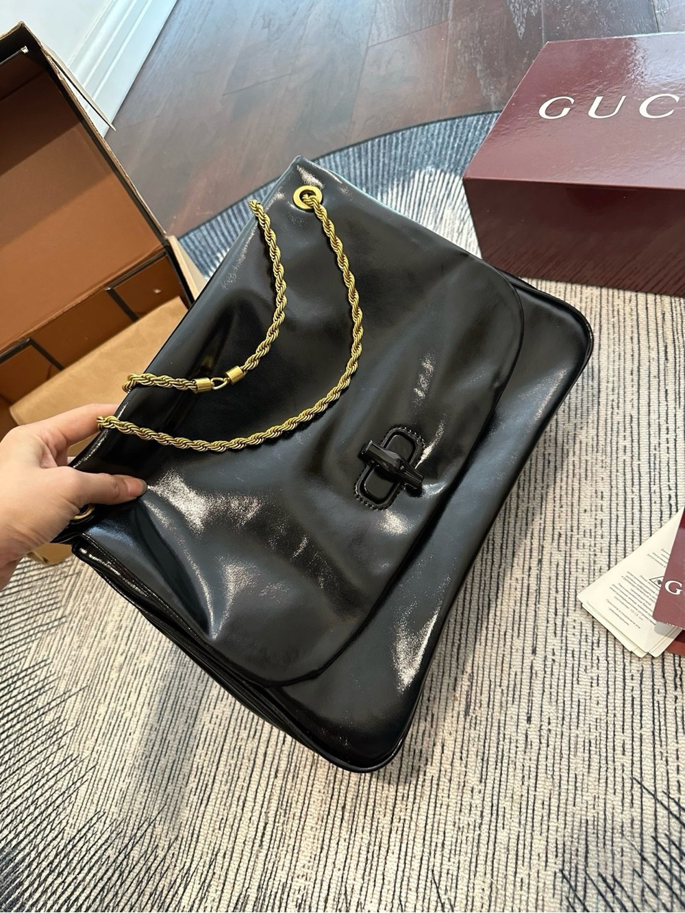 Gucci Black Patent Shoulder Bag with Gold Rope Chain